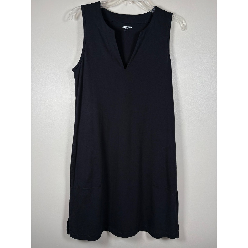 Lands End Womens Black Cotton Sleeveless Notched V-Neck Shift Dress Pockets XS